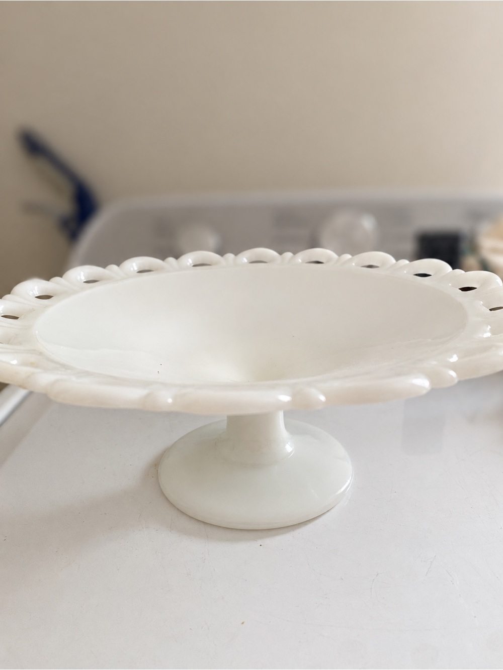 White Milk Glass Pedestal Cake Stand Open Lace Edge